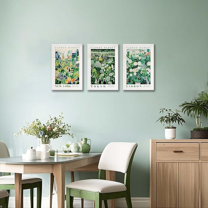 XLARTMY Flower Market Wall Art Prints Canvas Green Yellow White Floral Paintings Colorful Botanical Travel Flower Posters for Home Decor Pictures Set of 3 for Living Room Bedroom 16x24in