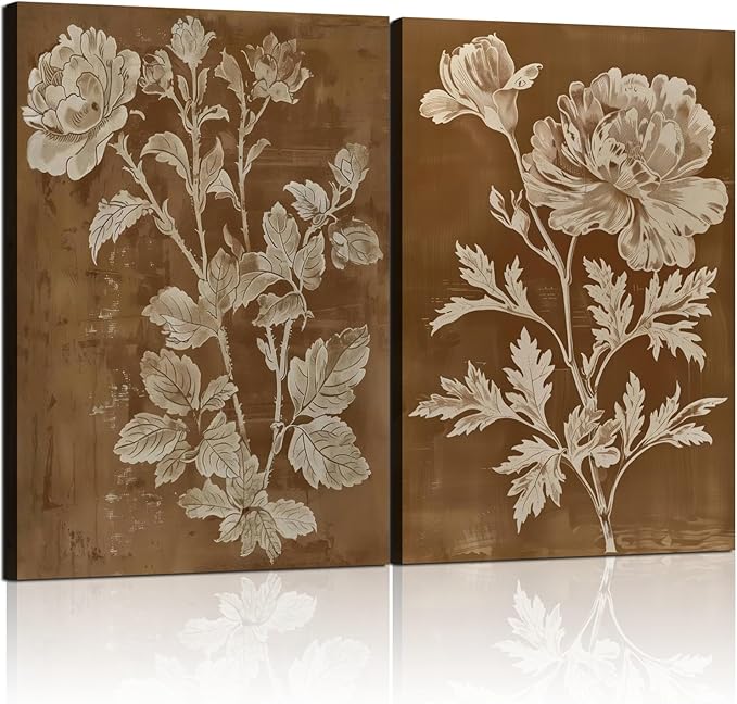 2 Pcs Framed Vintage Botanical Floral Wall Art Brown Flowers Wall Decor Antique Plant Pictures Nature Boho Wildflower Poster Print for Living Room Bedroom 12x16 inch Ready to Hang