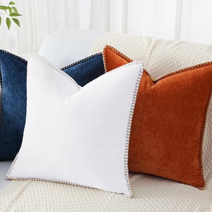 decorUhome Spring Chenille Soft Throw Pillow Covers 20x20 Set of 2, Farmhouse Velvet Neutral Decorative Pillow Covers with Stitched Edge for Couch Sofa Bed Home Decor, White