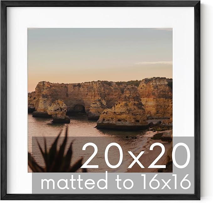 HAUS AND HUES 20x20 Black Metal Picture Frame Matted to 16x16 - Features Premium Aluminum & Hanging Hardware, Shatterproof Plexiglass - Ideal for Home, Room, Office (20x20 in, Black, Set of 1)
