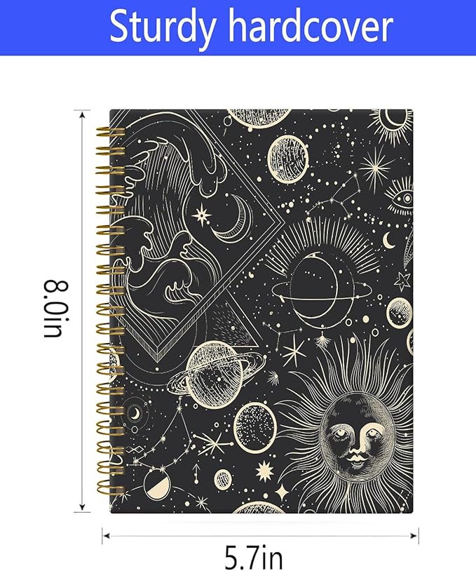 Spiral Journal Notebook,A5 Hardcover Lined Journals for Women 6 x 8.3 in,60 Sheets 120 Pages Thick Paper,Cute College Ruled Writing Notebook for Office Work School(Black Universe Moon)