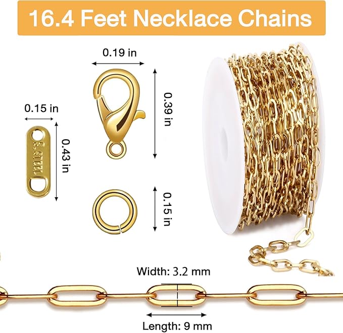 16.4Ft Paperclip Chains Rolls, Charm Necklace Chain 3.2mm Width，18K Gold Necklace Chain for Jewelry Making，Plated Charm Bracelet Making kit with 10 Lobster Clasps and 60 Jump Rings