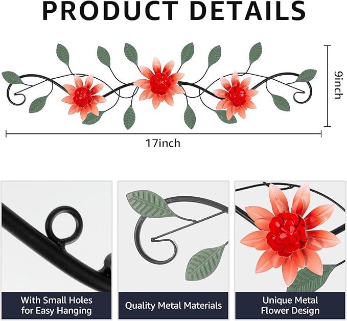 KHJCXS Metal Wall Art Modern Minimalist Metal Flowers Indoor Decor Horizontal Wall Art Iron Artwork,for Over Door,Bedroom,Living Room,Kitchen,Office Scroll Decor(Red)