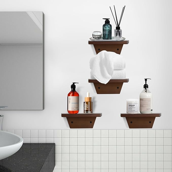 PHOENANCEE Small Floating Shelves,Trapezoid Wall Shelf for Speaker Table Lamp Plants Display,Decorative Wood Ledges Chic for Living Room,Bedroom,Kitchen,Office,Pine,8x6 Inch,2 Pack(Walnut)