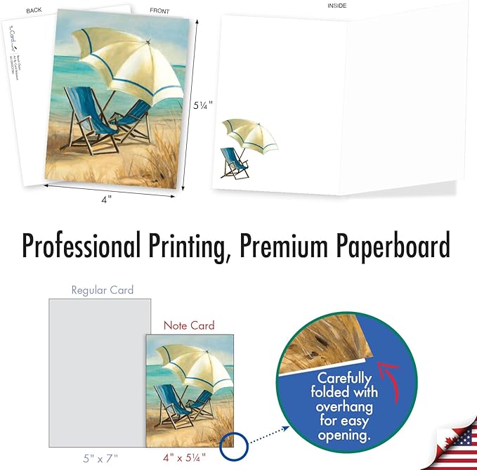 The Best Card Company 20 Assorted Nautical Blank Notecards Box Set 4 x 5.12 Envelopes For Men, Women (10x2 Each) Beach Chairs AM10692OCB-B2x10
