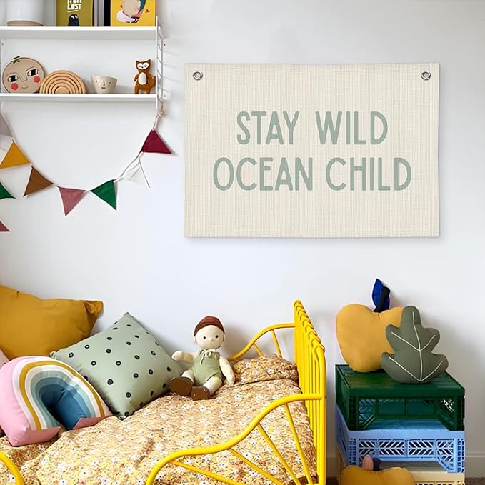 Nursery Wall Decor, Ocean Theme Classroom Decor, Ocean Nursery Decor, Stay Wild Ocean Child Linen Canvas Banner Wall Hanging Flag, Surf Decor, Surfer Girls Boys Room Decor 20x30
