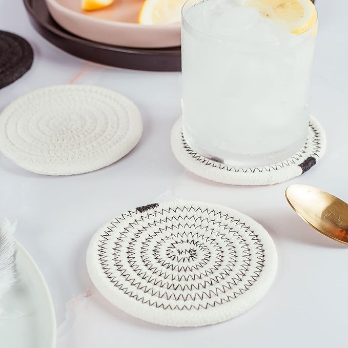 OrganiHaus Drink Coasters Set of 6, Absorbent Cotton Woven Cup Coasters, Rustic Farmhouse Boho Decor for Coffee Table and Drinks Protection, Cute Coaster for Drinks - Black/Off-White