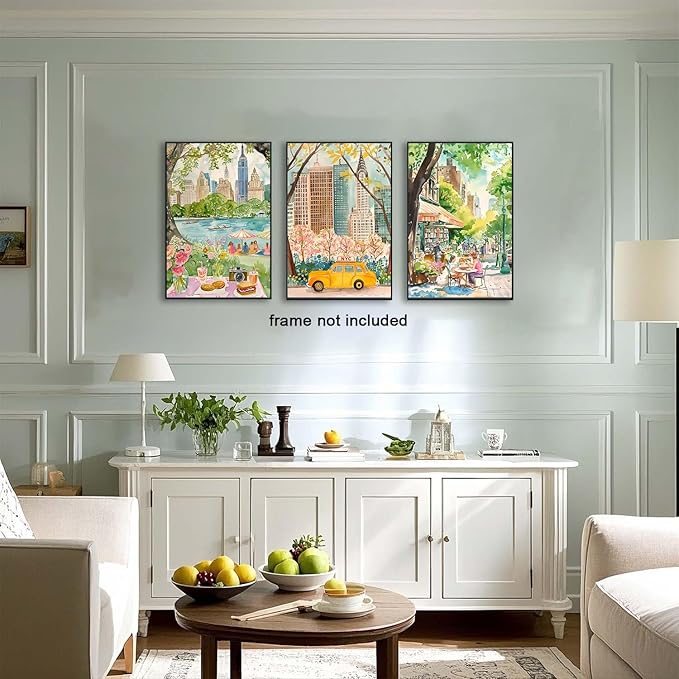 XLARTMY New York City Poster Travel Wall Art Canvas Watercolor NYC Central Park Landmarks Artwork Decor Painting Prints Pictures Set of 3 for Bedroom Living Room Bathroom Office 16x24in Unframed