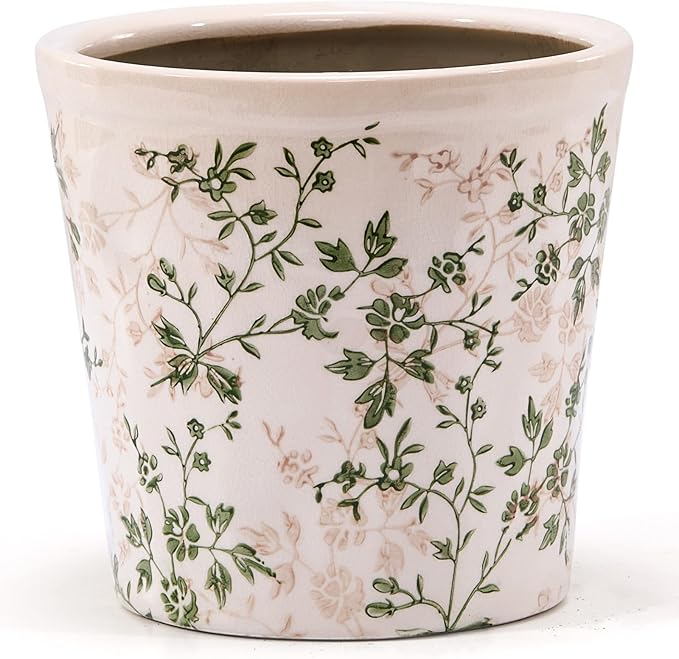 Ceramic Planter with Drainage Hole, Plastic Tray & Mesh, 6.7 Inch - Indoor/Outdoor Flower Pot for Orchids, Succulents, Green Floral Modern Farmhouse Décor for Home,Office and Garden, Ideal Gift