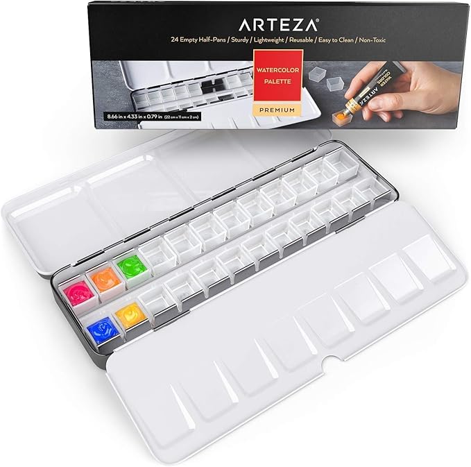 ARTEZA Empty Watercolor Palette Tin, 24 Half Pans, Customizable Portable Empty Half Pans for Watercolor Paints