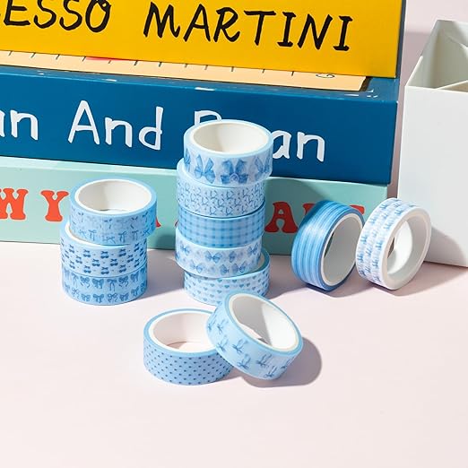 Coquette Blue Washi Tape - 12pcs Watercolor Blue Bow Cherry Scrapbook Colored Masking Painters Decorative DIY Crafts Artist Tape Set School Office Journaling Kids Art Supplies Gift Wrapping