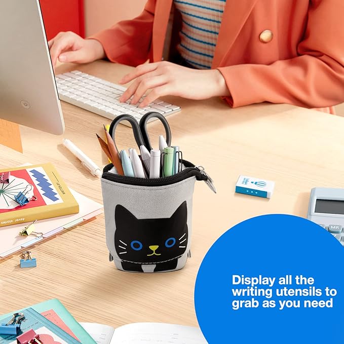 Cat Cute Standing Pencil Case for Kids, Pop Up Pencil Box Makeup Pouch, Stand UP Cartoon Christmas Gift Kids Pen Holder Organizer Cosmetics Bag, Kawaii Stationary (Black Cat)