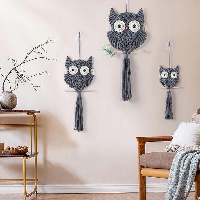 MVSUTA Owl Grey Cotton Handmade Macrame Wall Hanging Tapestry Home Decor Art and Gray Craft Wonderful Decoration Woven Boho Ornament for Office Bedroom Apartment Nursery Gallery,3pcs set:1pc L & 1pc M