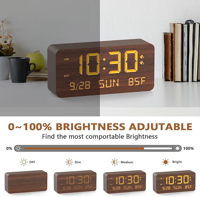 Wooden Digital Alarm Clock for Bedroom - Desk Clock with Date, Day of Week, Temperature, Dual Alarms, Dimmer, USB Port Charge, DST, Adjustable Volume for Living Room/Office Wood Decor (Brown)