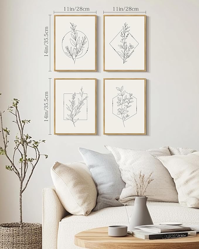 Drsoum Botanical Flower Boho Framed Wall Art Wooded Minimalist Aesthetic Floral Prints Farmhouse Retro Plants Rustic Bathroom Kitchen Home Decor Ready to Hang 11x14inx4pcs (Natural Framed)