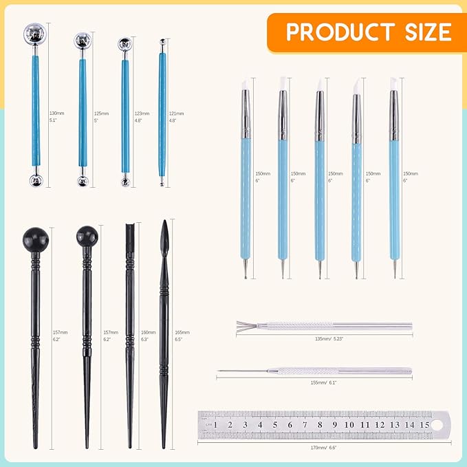 Rustark 16 Pcs Polymer Clay Tools, Professional Modeling Sculpting Tools, Ceramic Detail Tools with Rubber Tip Pen, Ball Stylus, Sculpture Needle for Cake Decorating, Soap Making