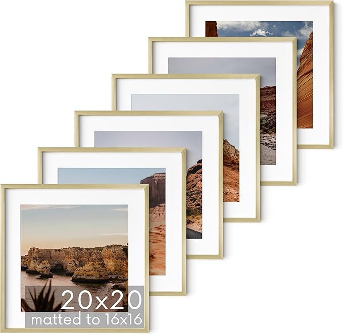 HAUS AND HUES 20x20 Gold Metal Picture Frames Matted to 16x16 - Premium Aluminum with Hanging Hardware, Shatterproof Plexiglass - Ideal for Home or Office (20x20 in, Gold, Set of 6)
