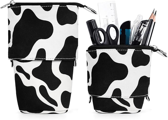Cute Standing Pencil Case for Kids, Pop Up Pencil Box Makeup Pouch, Christmas Gift Kids Canvas Pen Holder Organizer Cosmetics Bag, Kawaii Stationary (Cow Print)