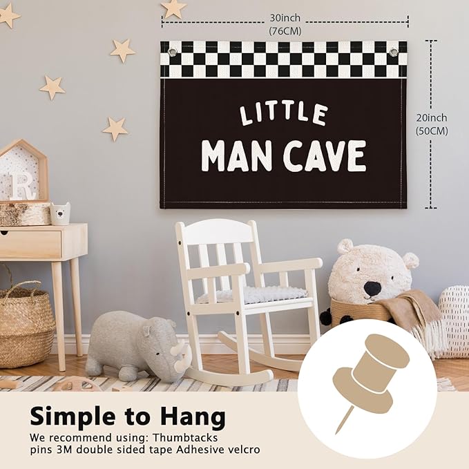 Little Man Cave Black and White Checkered Boys Room Decor - Linen Banner Wall Hanging Canvas Banner Flag Decor for Nursery Toddler Boys Bedroom Playroom