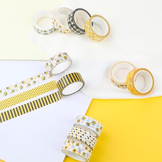 12 Rolls Bee Washi Tape Set, Bumblebee Daisy Masking Tapes, Yellow Black Plaid Polka Dot Decorative Washi Tape for Spring Summer Scrapbook Journal DIY Art Craft Gift Wrapping, 16.4FT