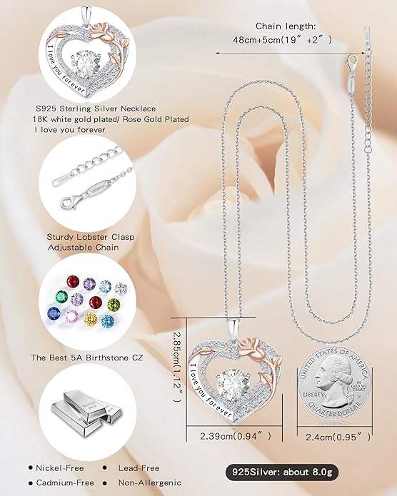 Women's Birthstone Necklace, Holiday Gift for Girlfriend, 925 Sterling Silver Heart Rose Necklace, Anniversary Birthday Gift for Wife, Daughter