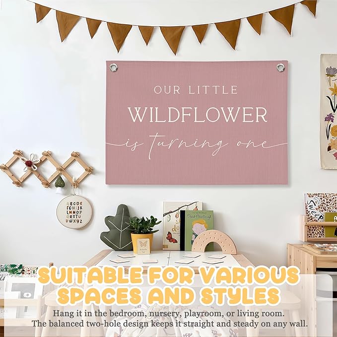 Girl Nursery Decor, Wildflower Nursery Wall Hanging Canvas Banner, Our Little Wildflower Is Turning One Pink Wall Art Decor for Little Girls Toddler Room Bedroom Playroom, 30x20 Inch