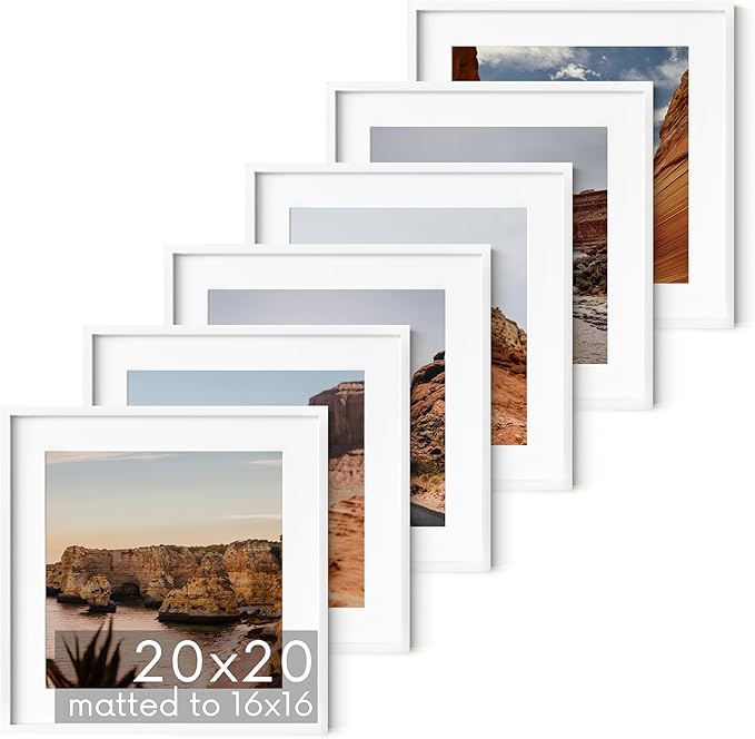 HAUS AND HUES 20x20 White Aluminum Frame Set of 6 - Matted to 16x16, Hanging Hardware, Shatterproof Plexiglass (20x20 in, White)