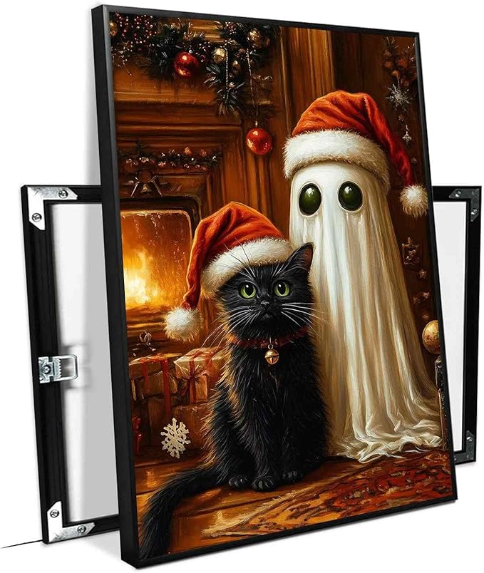 Christmas Pet Canvas Print Ghost and Cat Painting Christmas Cat and Ghost Whimsical Holiday Decor Rural Art print Indoor Decor for Home Living Room Bedroom Pet Lover Bedroom Framed Ready to Hang