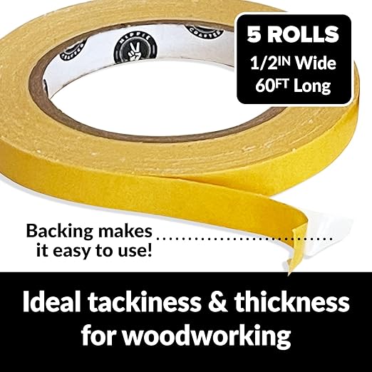 HIPPIE CRAFTER 5 Pack Double Sided Tape for Woodworking, 1/2 Inch Wide Heavy-Duty Sticky Tape for CNC Machines and Routing Templates, 60 Feet Each, 300ft Total