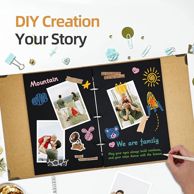 Vienrose DIY Scrapbook Photo Album Kit with Pens Tapes and Stickers 60 Pages Hardcover 8.5x11 Inches 3 Rings Removable Black Paper Scrapbooking for Lover Friends Kids Wedding Khaki