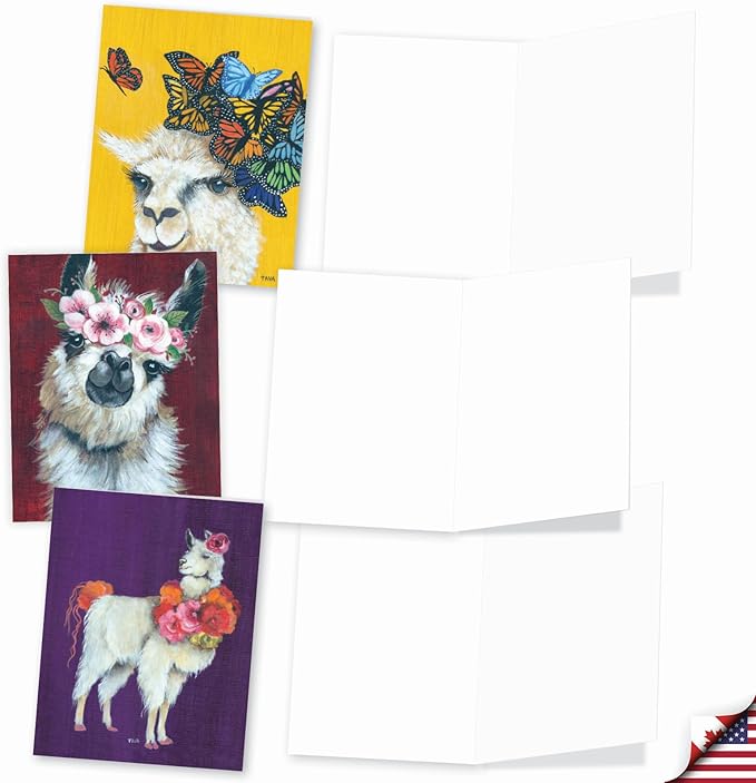The Best Card Company Assorted Blank Greeting Card Box Set - Incl. 20 Cards + Envelopes - 10 Unique Designs - Perfect for Thank Yous, Invitations, More - Personality Llamas AM7036OCB-B2x10-NB