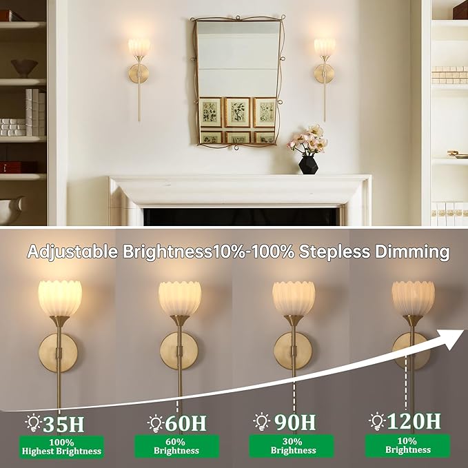 Battery Operated Wall Sconce Set of 2, White Tulip Vintage Wall Light Fixture Rechargeable 5000mAh Battery Powered Wall Lamp with Remote for Living Room Bathroom