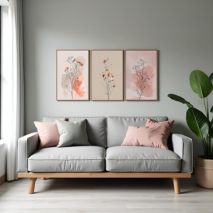okudolit Boho Vintage Flower Wall Art Set of 3 Minimalist Floral Botanical Prints Rustic Wildflower Wall Decor Beige and Pink Neutral Plant Painting for Living Room Bedroom Office-16x24in