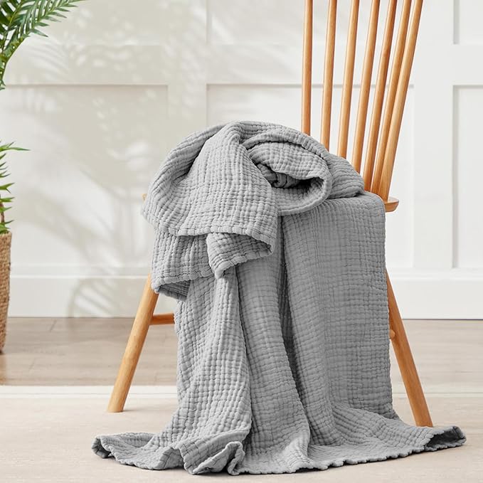 100% Cotton Muslin Blanket Large 50" x 70", Breathable and Lightweight Cotton Throw Blankets for Bed and Couch, Soft Cooling Summer Gauze Blanket for Adults All Season, Light Grey