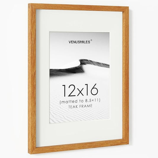 12x16 Picture Frame, USA-Sourced Natural Teak Wood Photo Collage Frame with HD Tempered Glass, Modern Simple 12 x 16 Wooden Frame Matted to 8.5x11, Vertical & Horizontal Wall Hanging Display
