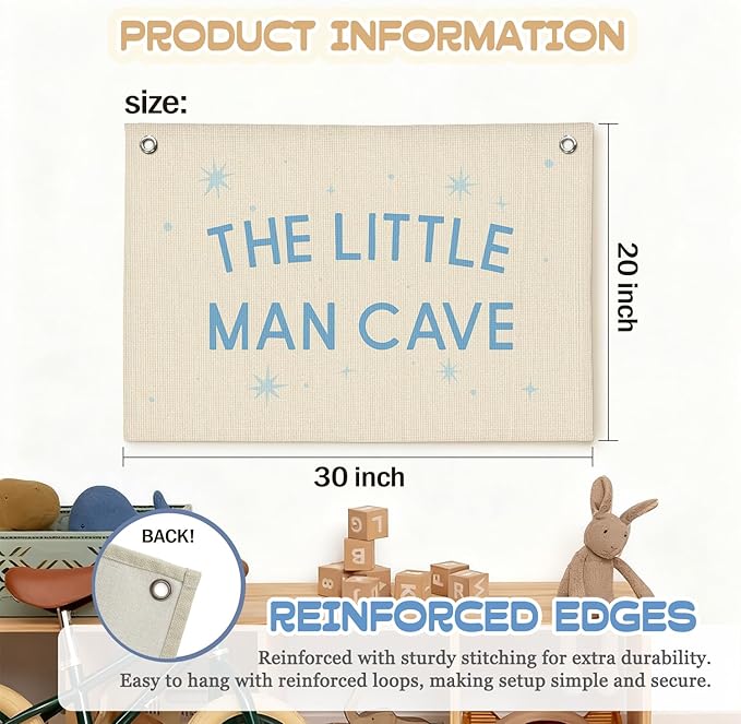 Little Man Cave Boys Room Decor Wall Art,Blue Nursery Wall Decor Hanging Banner Print for Kids Boys Toddler Nursery Room Bedroom Playroom, 30x20 Inch
