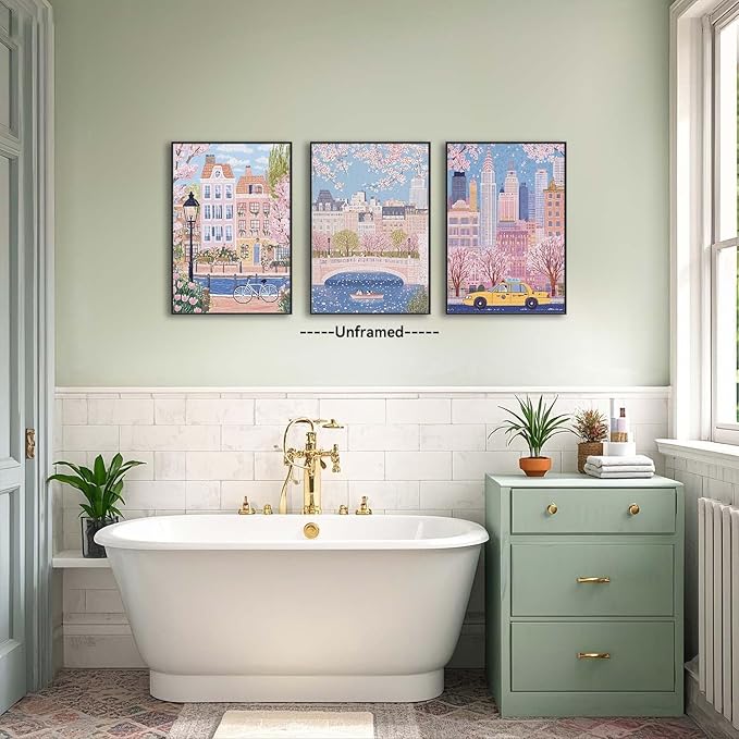 XLARTMY Watercolor City Landscape Travel Wall Art Canvas Framed Pink Cherry Flower Poster Girly Prints Painting Pictures Set of 3 for Bedroom Living Room Office 16x24in Unframed
