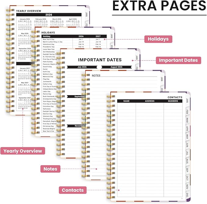 2026 Planner, Weekly and Monthly Calendar Planner for Women, Jan 2026 - Dec 2026, Hardcover Planning Agenda book with Tabs, Spiral Bound, Inner Pocket, Perfect for School Office Supplies, 6.3" x 8.5" - Checkered