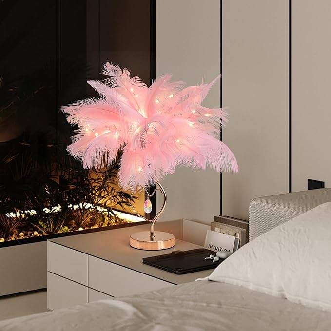 Pink Ostrich Feather Lamp Creative Furry Bedside Lamp Romantic Feather Table Lamp Fluffy Nightstand Light for Girl Bedroom Wedding Decor Valentines Dating Livingroom Hotel Office Christmas