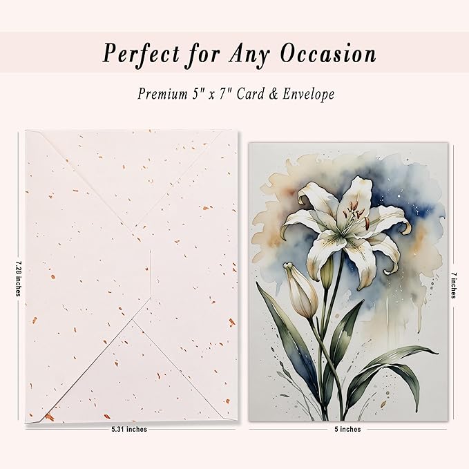 5x7 Blank Inside Greeting Card with Envelope, Watercolor Lily Greeting Card for All Occasions – Birthday, Sympathy, Thank You, Wedding - Single Card