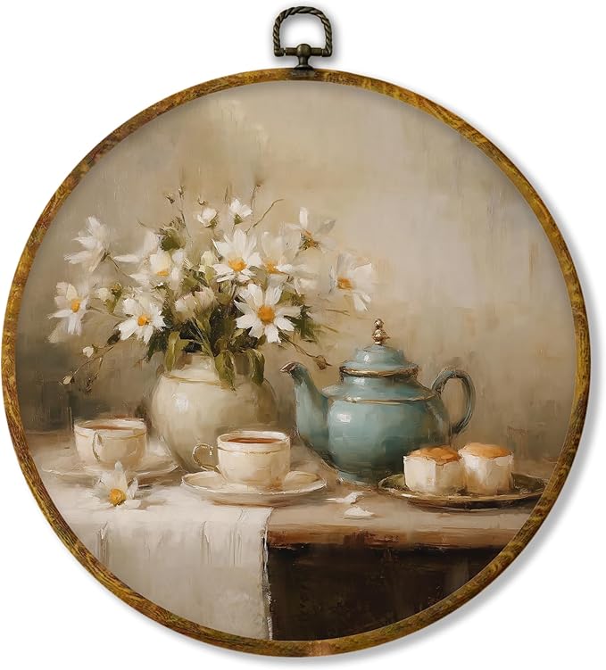 Hiuwevt Vintage Teapot Floral Round Wall Art Decor, Antique Still Life Framed Canvas Prints, Rustic French Country Round Wall Hanging Decor for Home Kitchen Decorations, 10x10 Inches