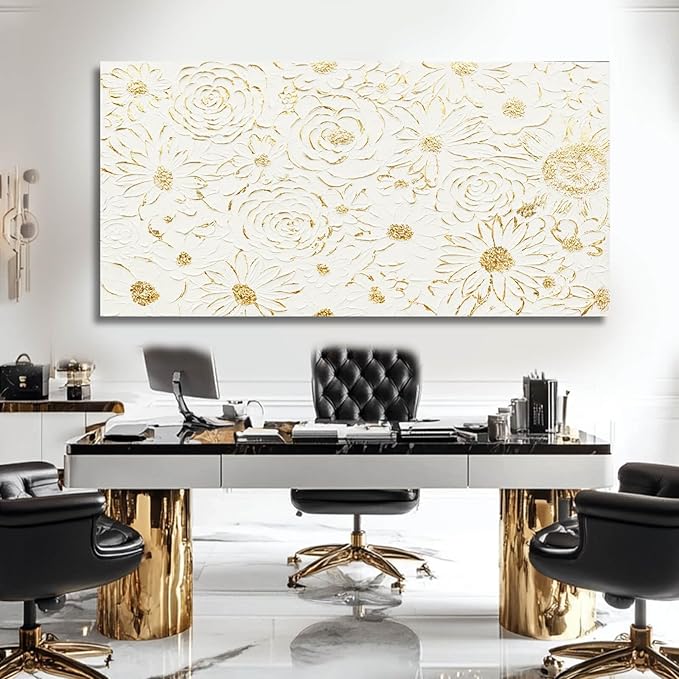 YJYart Floral Wall Decor White and Gold Decorations Simple Wall Art 24"x48" Office Wall Pictures Oil Paintings for Bedroom