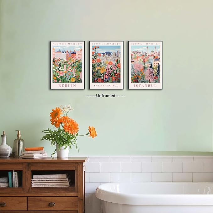 XLARTMY Flower Market Wall Art Prints Canvas Orange and Pink Floral Paintings Colorful Botanical Travel Flower Posters for Home Decor Pictures Set of 3 for Living Room Bedroom 16x24in Unframed
