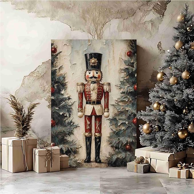 Nutcracker Soldier Vintage Christmas Art Holiday Doll Canvas Wall Art Traditional German Decor Red Uniform Soldier Prin Poster Indoor Decor for Home Offices Living Room Bedroom Framed Ready to Hang