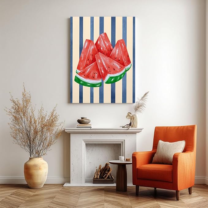 Watermelon Watercolor Wall Art – Fresh Summer Fruit Canvas Print – Blue Stripe Kitchen Decor – Watermelon Slice Illustration Poster 16x20inch-Unframed