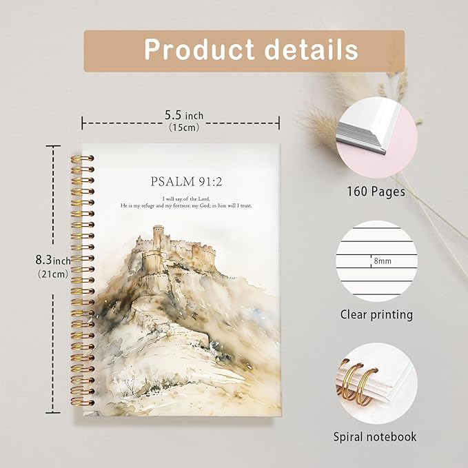 Christian Journal,Christian Journals for Women,Bible Study Notebook,Prayer Journal,Christian Faith Notebook for Note Taking and Scripture Reflection, Psalm 91:2 Watercolor A5 Spiral Hardcover 5.5x8.3
