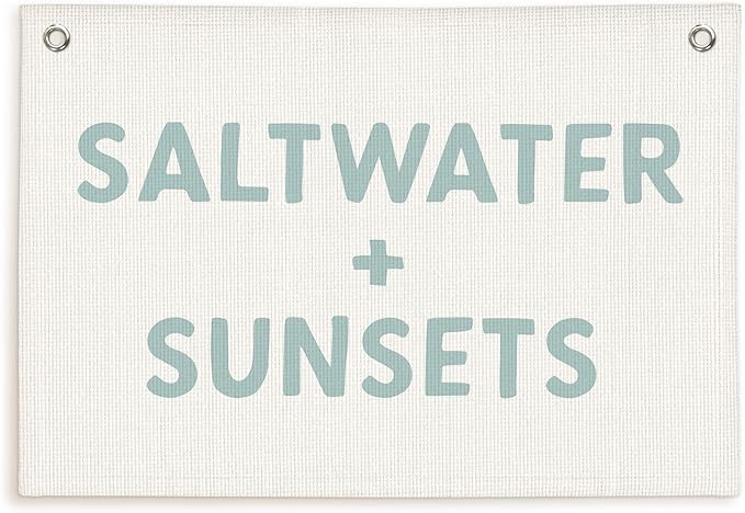 Lacama Beach Theme Wall Decor for Boys Room, Coastal Kids Playroom Nursery Hanging Sign, Saltwater + Sunsets Linen Canvas Banner, Rustic Nautical Surf, 30x20 Inch