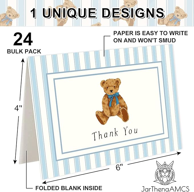JarThenaAMCS 24 Pack Bear Thank You Cards Blue Stripe Bear Greeting Cards with Envelopes Stickers Cute Blank Note Card for Birthday Baby Shower Party Supplies, 4 x 6 Inch