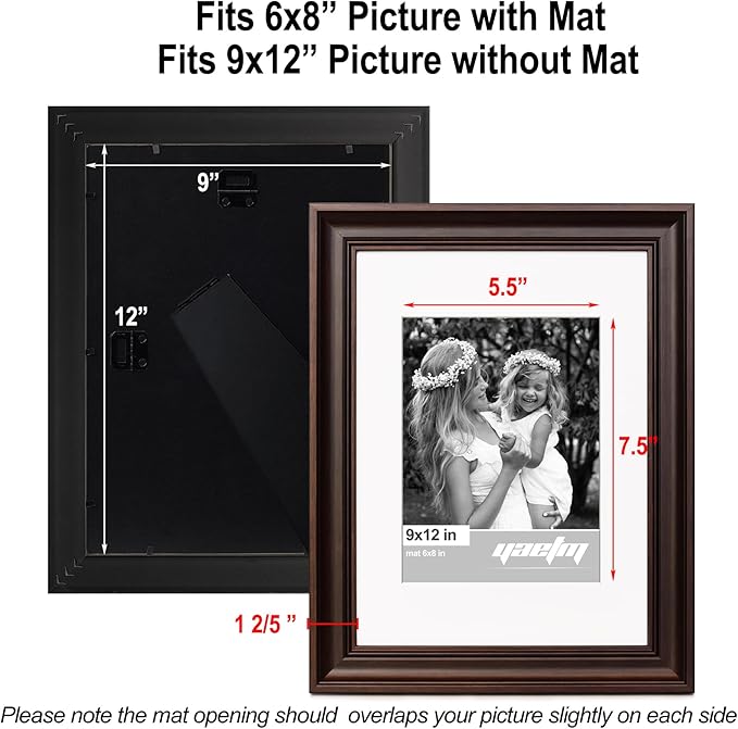 Yaetm 9x12 Picture Frame Matted to 6x8 Set of 4, 1.4” Wide Molding & Dark Brown Photo Frames 9 x 12 with Tempered Glass, Display on Tabletop & Wall Mounting (4 Pack, Brown)