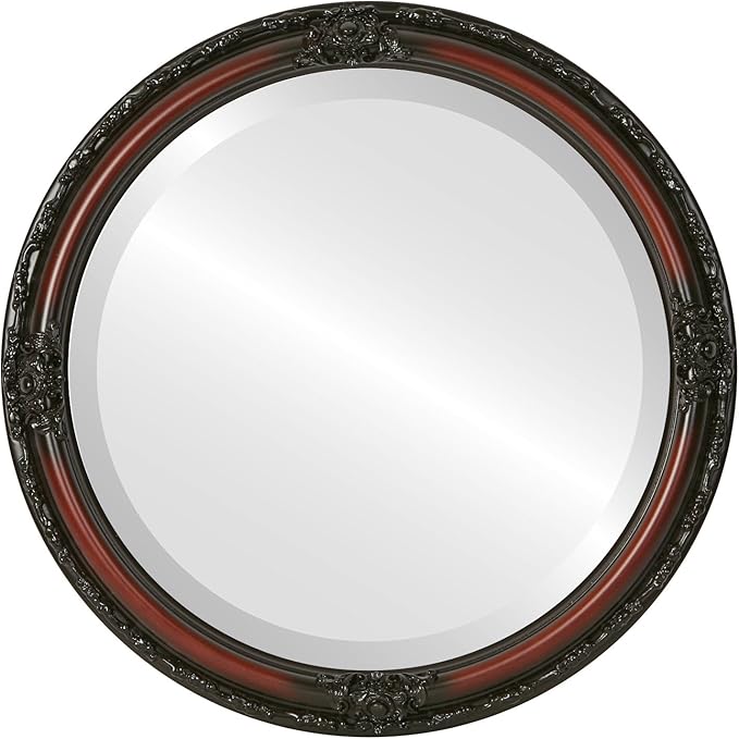 OVALCREST Round Beveled Wall Mirror for Home Decor - Jefferson Style - Rosewood - 16x16 Outside Dimensions